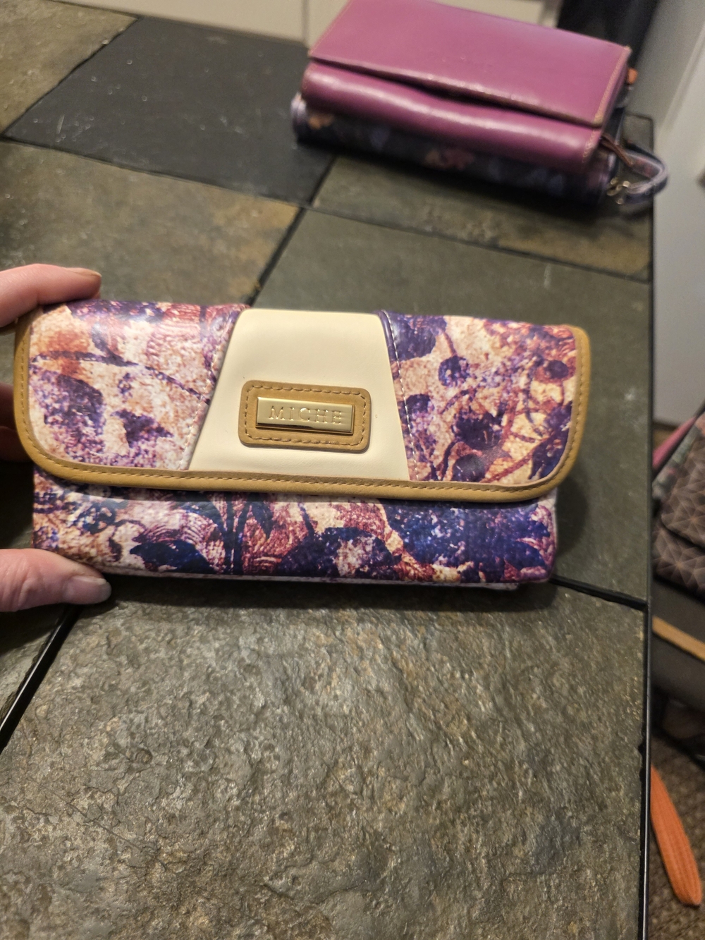 Miche Floral Print Clutch Wallet in Purple and Cream